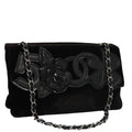 CHANEL Chain Camelia Shoulder Bag Velor Leather Black Silver CC yk16500