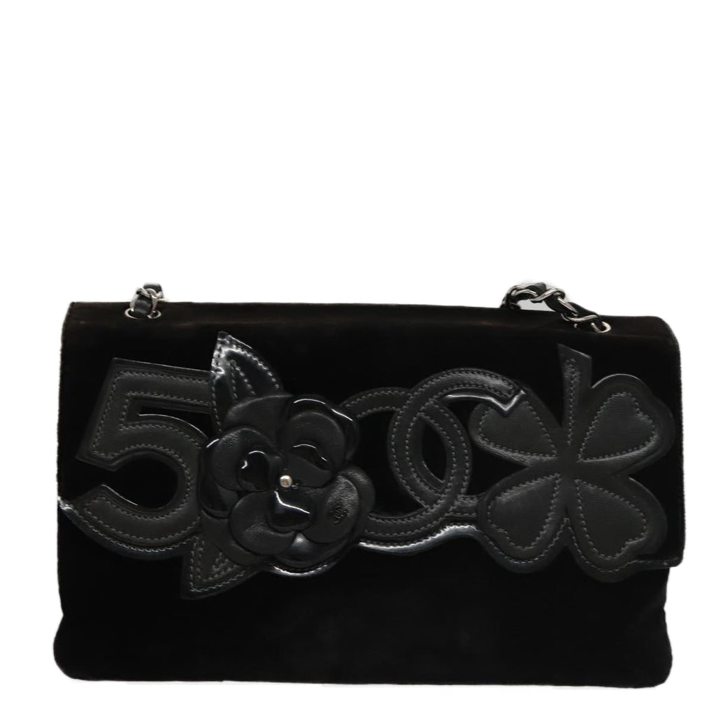 CHANEL Chain Camelia Shoulder Bag Velor Leather Black Silver CC yk16500