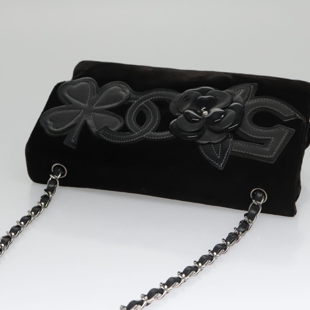 CHANEL Chain Camelia Shoulder Bag Velor Leather Black Silver CC yk16500