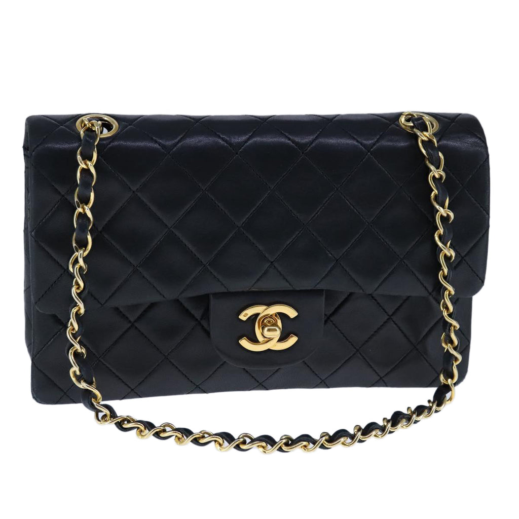 CHANEL Matelasse 23 Double Flap Chain Bag Lamb Skin Black Gold CC yk16617A