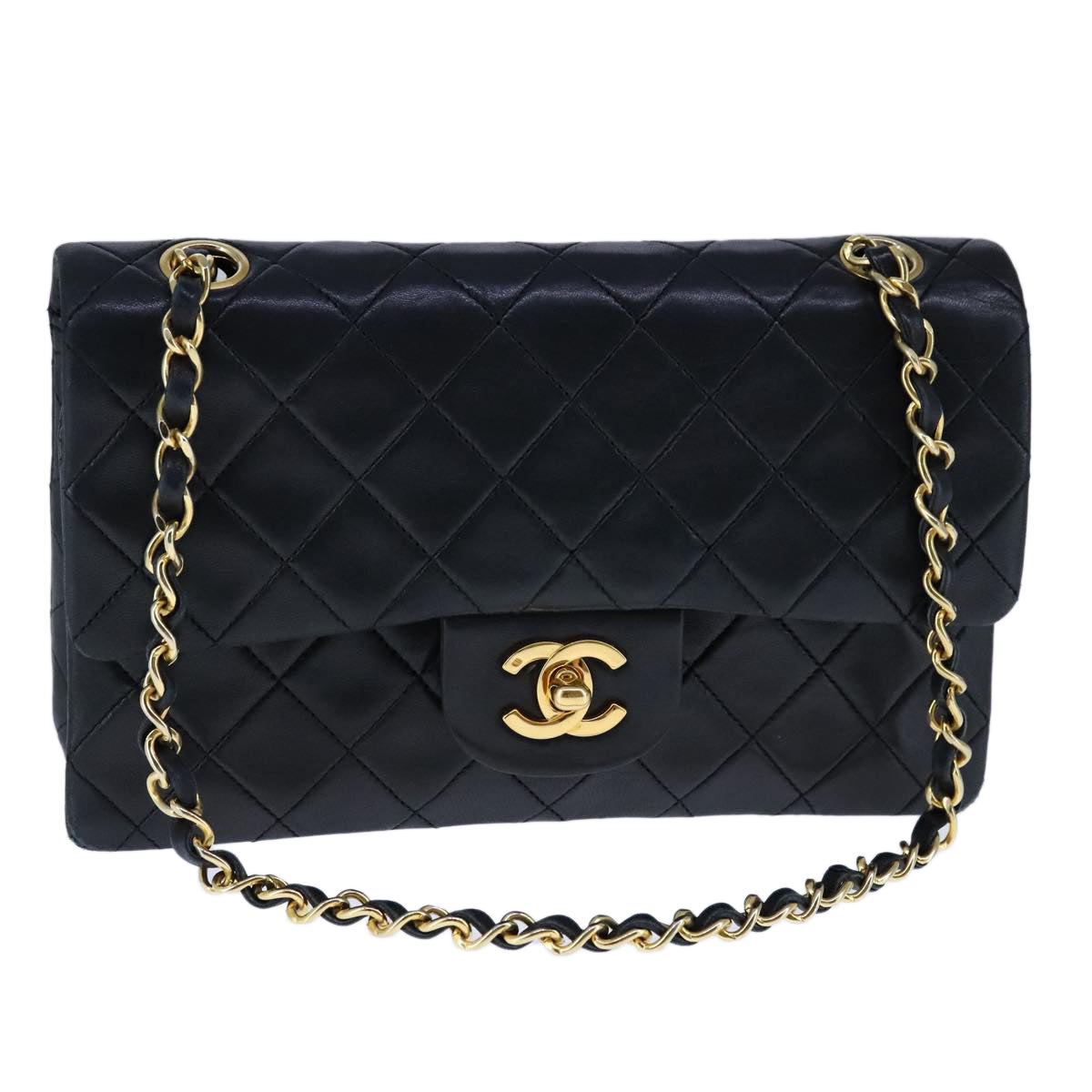 CHANEL Matelasse 23 Double Flap Chain Bag Lamb Skin Black Gold CC yk16617A