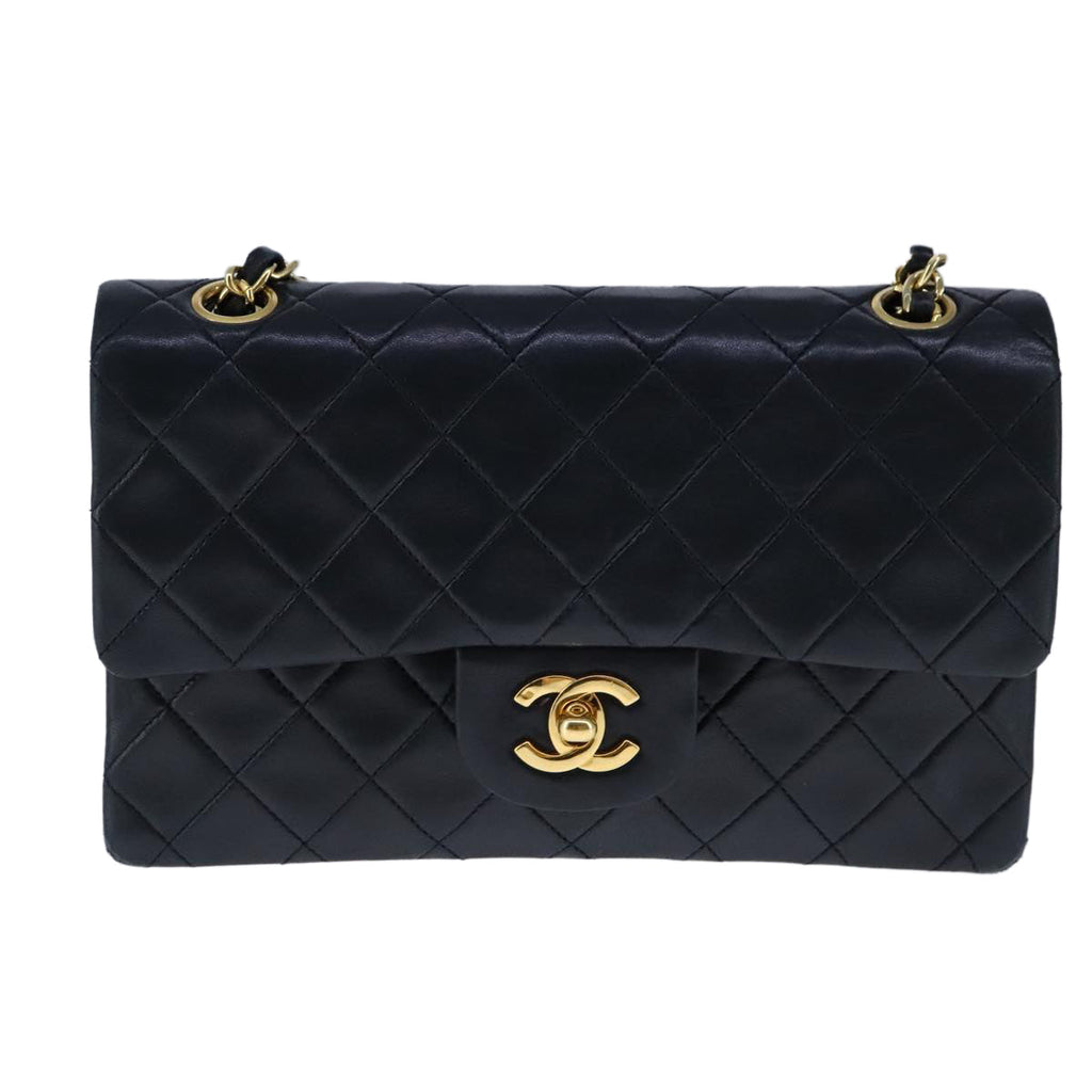 CHANEL Matelasse 23 Double Flap Chain Bag Lamb Skin Black Gold CC yk16617A