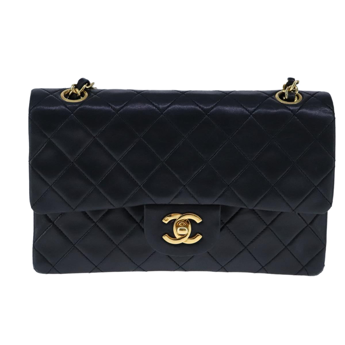 CHANEL Matelasse 23 Double Flap Chain Bag Lamb Skin Black Gold CC yk16617A
