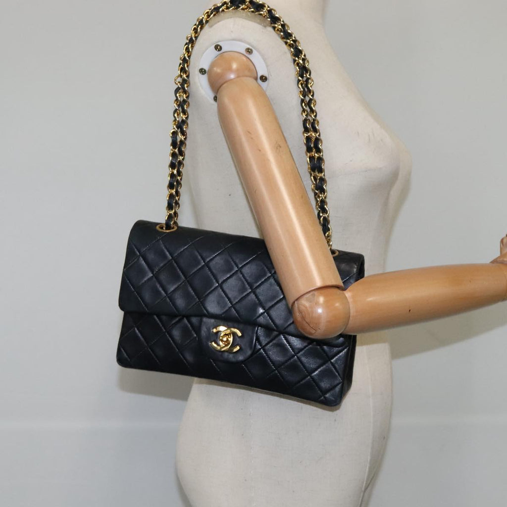 CHANEL Matelasse 23 Double Flap Chain Bag Lamb Skin Black Gold CC yk16617A