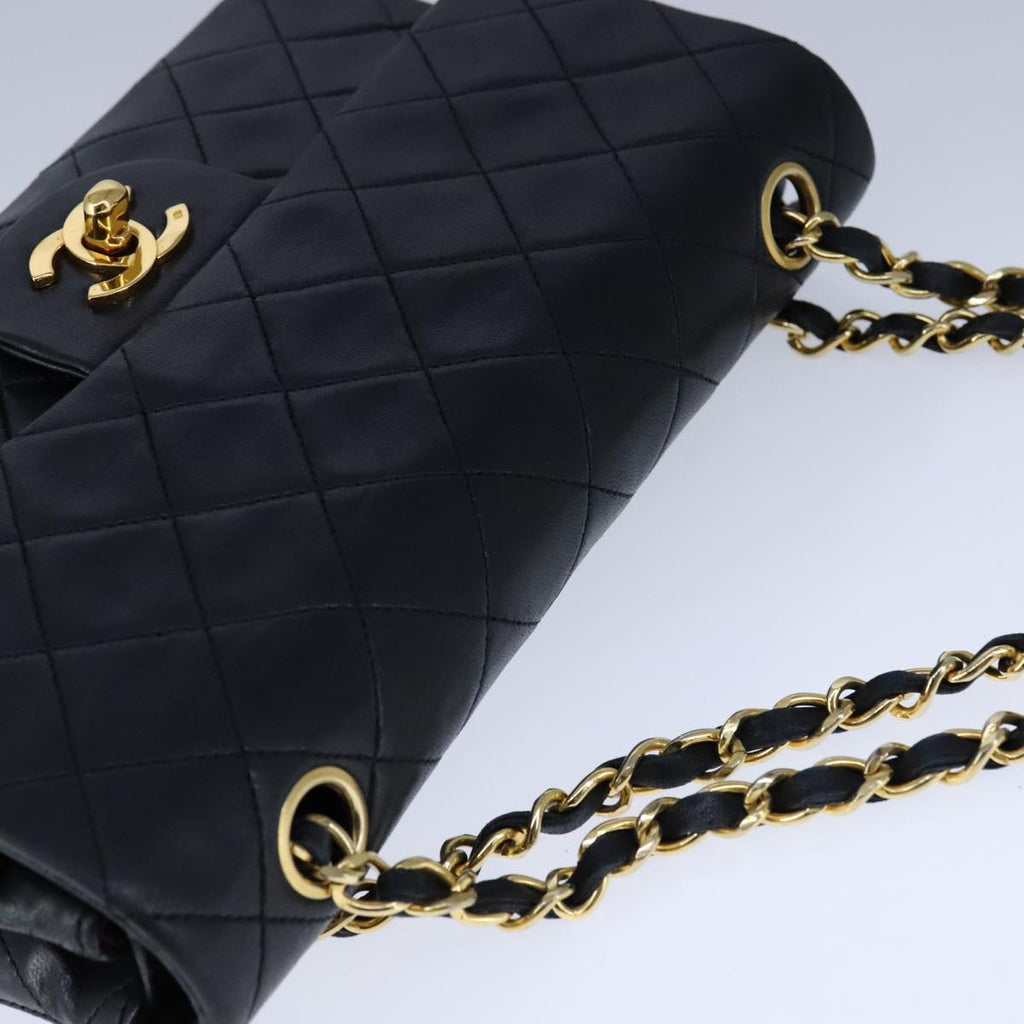 CHANEL Matelasse 23 Double Flap Chain Bag Lamb Skin Black Gold CC yk16617A