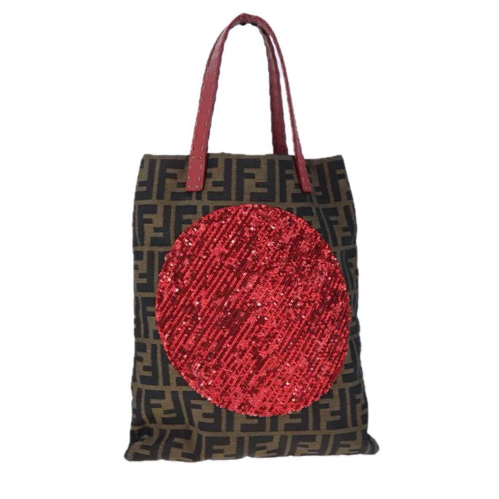 FENDI Zucca Canvas Mamma Baguette Tote Bag Brown Black Red yk16632