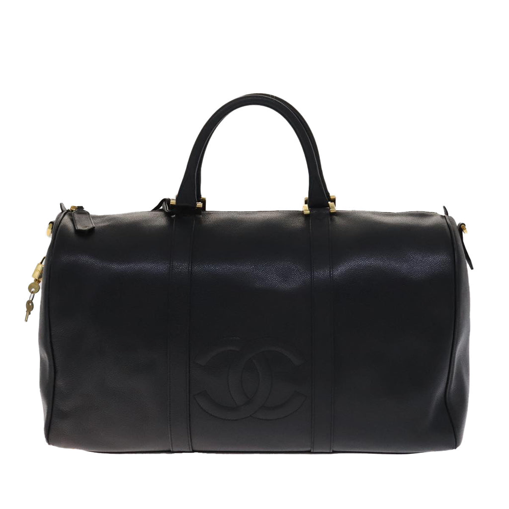 CHANEL COCO Mark Boston Bag Caviar Skin Black Gold CC yk16646