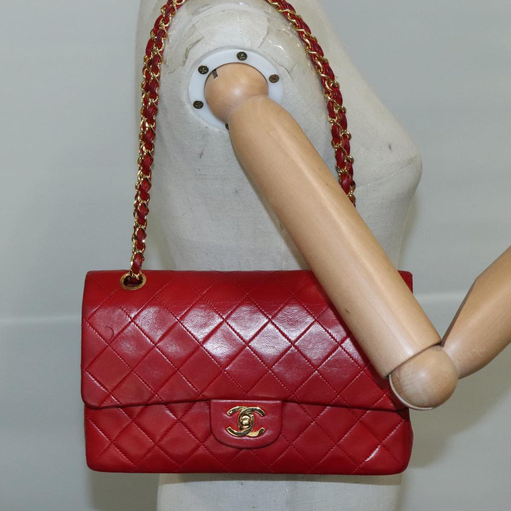 CHANEL Matelasse 25 Chain Hand Bag Lamb Skin Red Gold CC yk16697