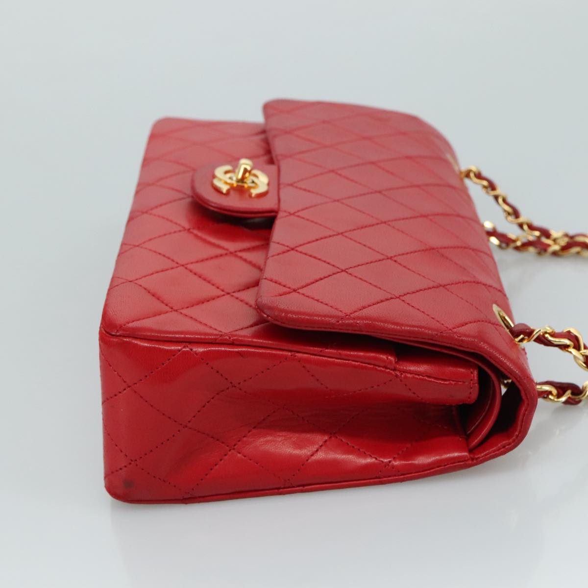 CHANEL Matelasse 25 Chain Hand Bag Lamb Skin Red Gold CC yk16697