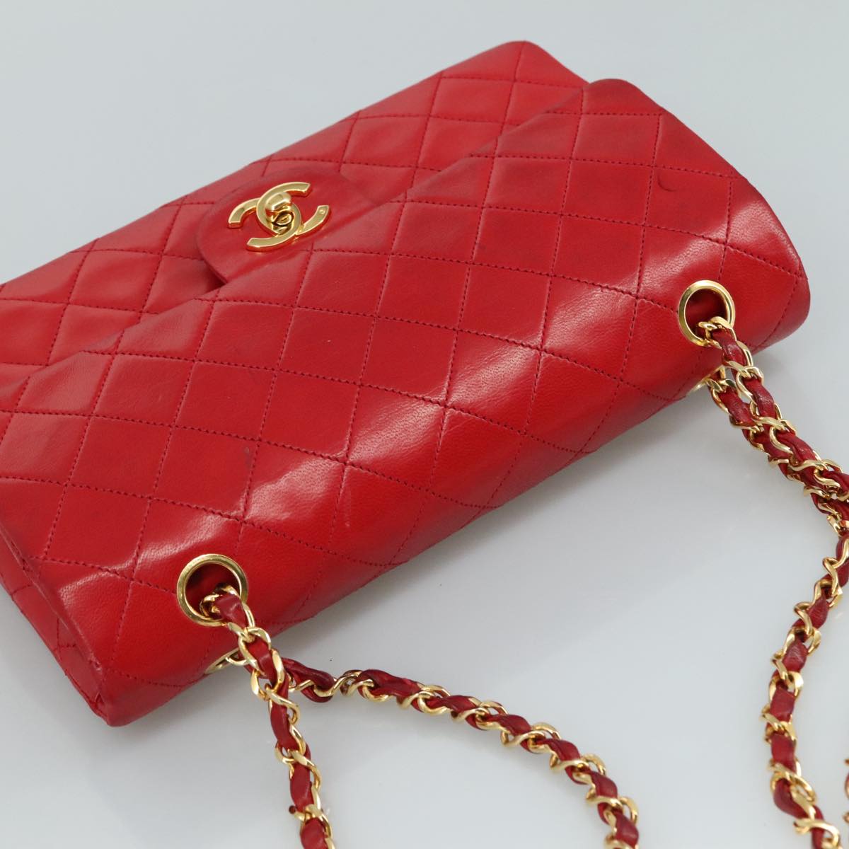 CHANEL Matelasse 25 Chain Hand Bag Lamb Skin Red Gold CC yk16697