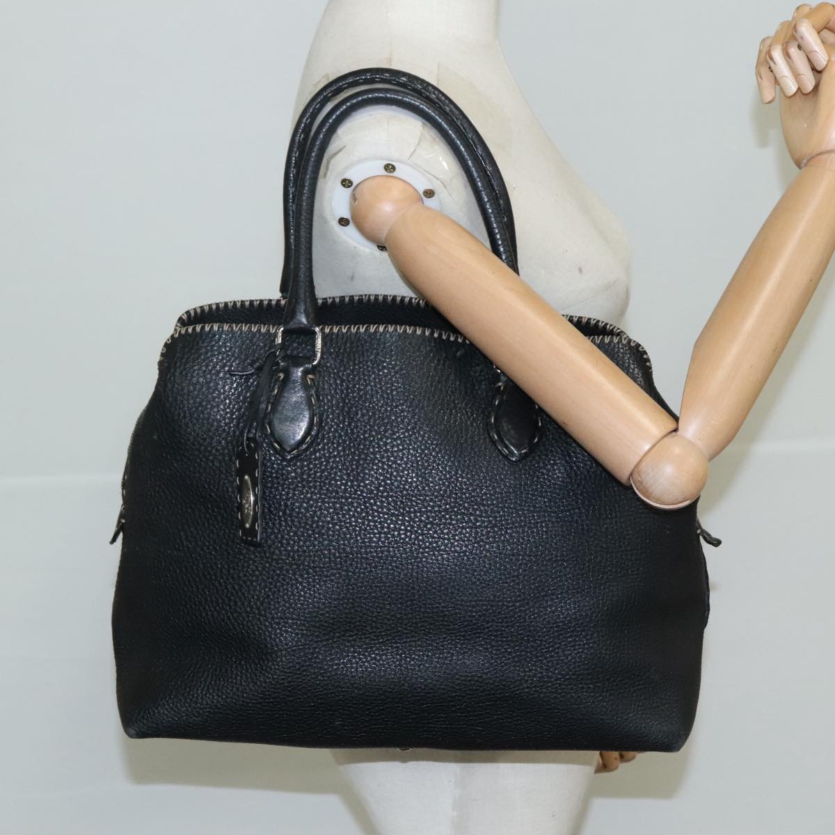 FENDI Celeria Hand Bag Leather Black Silver yk16876