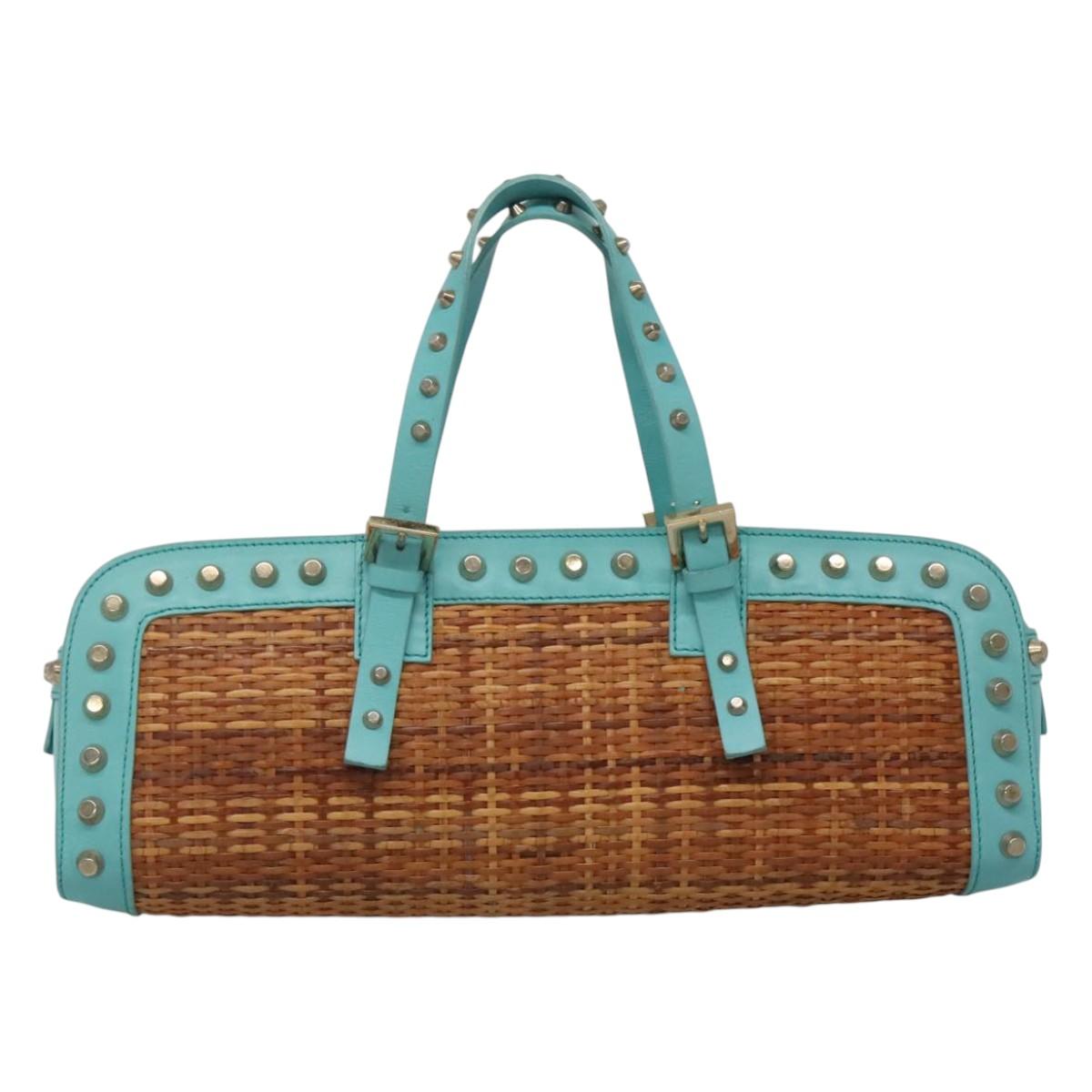 FENDI Studs Hand Bag Straw Beige Gold yk17312