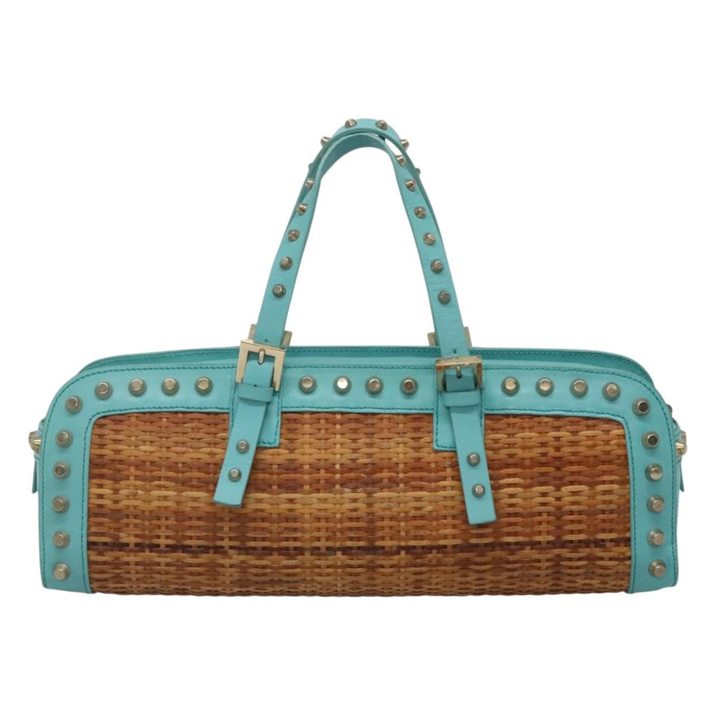 FENDI Studs Hand Bag Straw Beige Gold yk17312