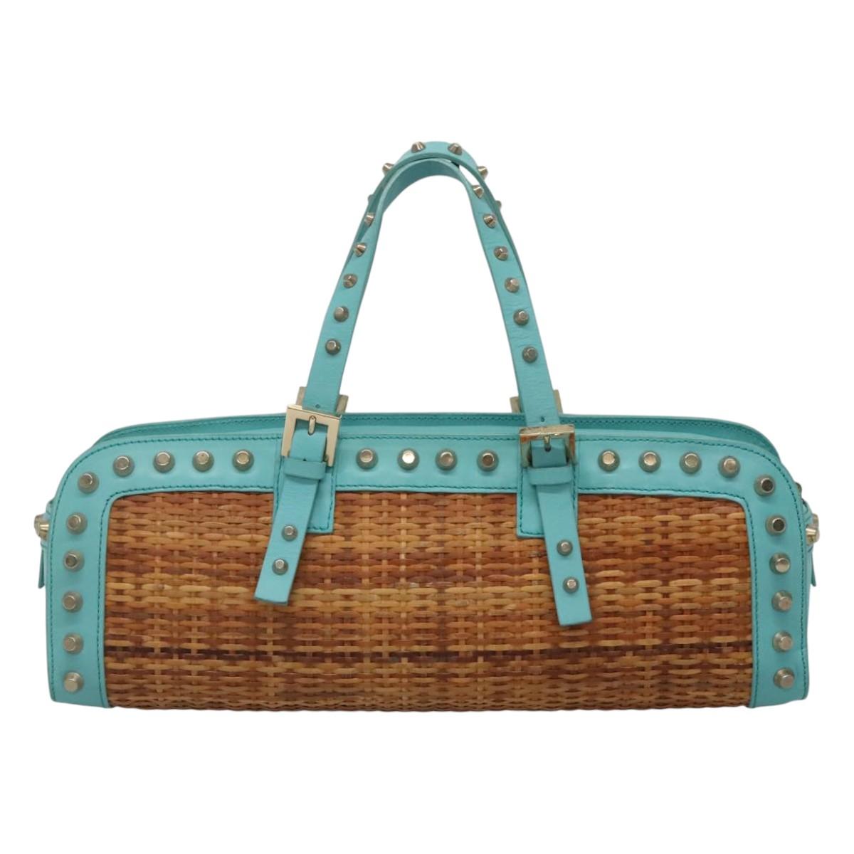FENDI Studs Hand Bag Straw Beige Gold yk17312