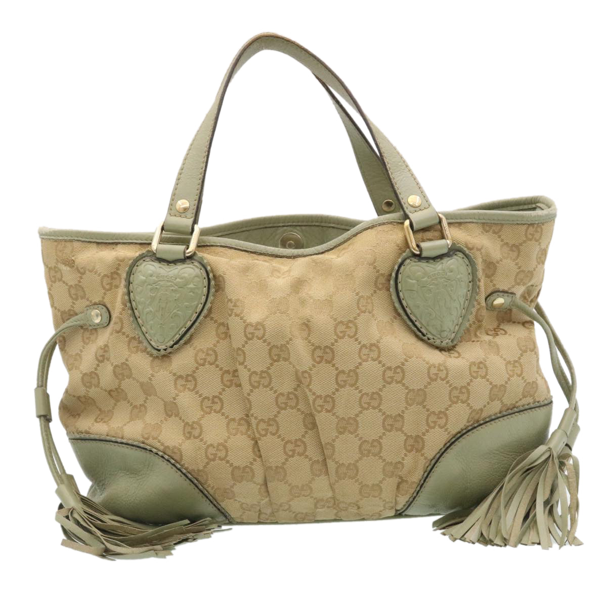 GUCCI GG Canvas Tote Bag Fringe Beige Green yk3822