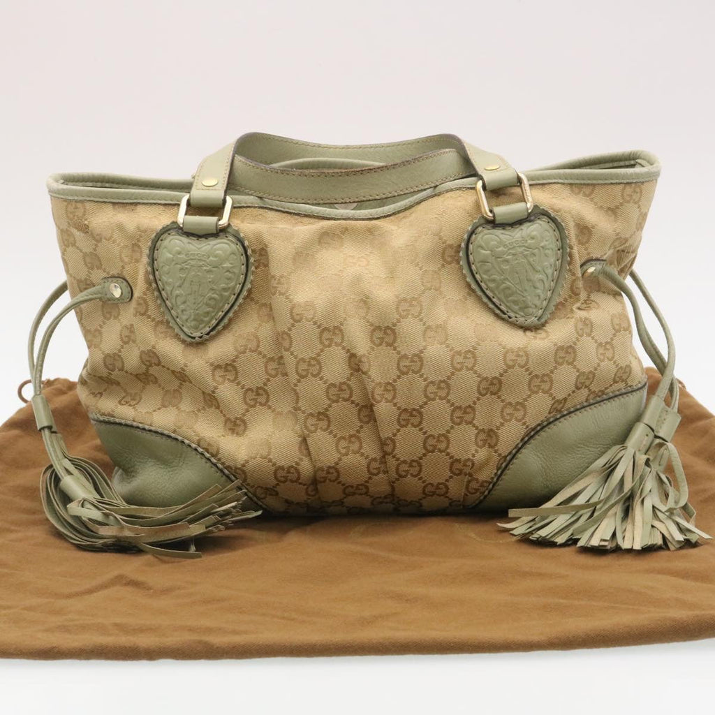 GUCCI GG Canvas Tote Bag Fringe Beige Green yk3822