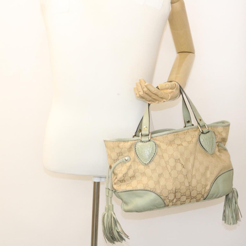 GUCCI GG Canvas Tote Bag Fringe Beige Green yk3822