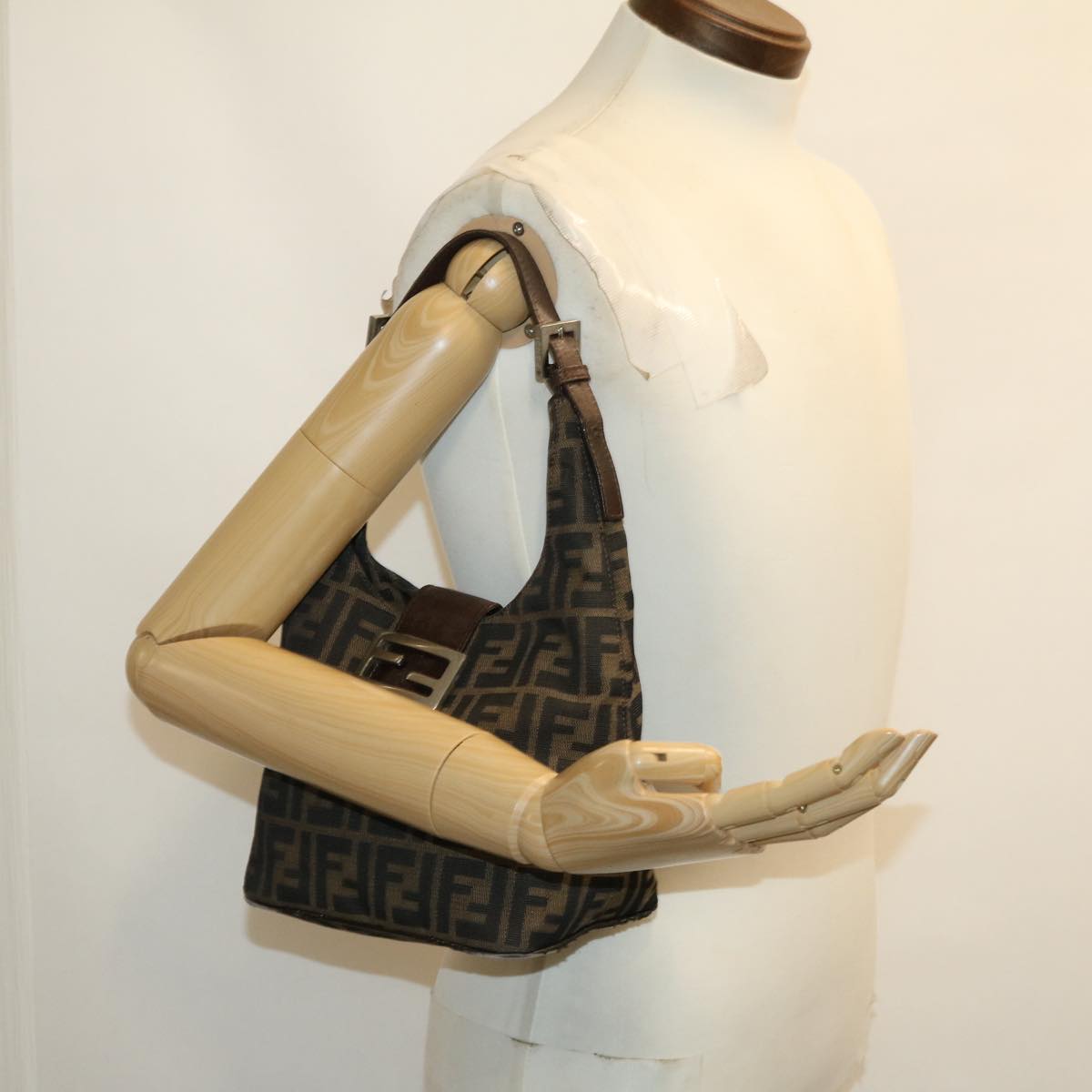 FENDI Zucca Canvas Mamma Baguette Shoulder Bag Brown Black yk4558