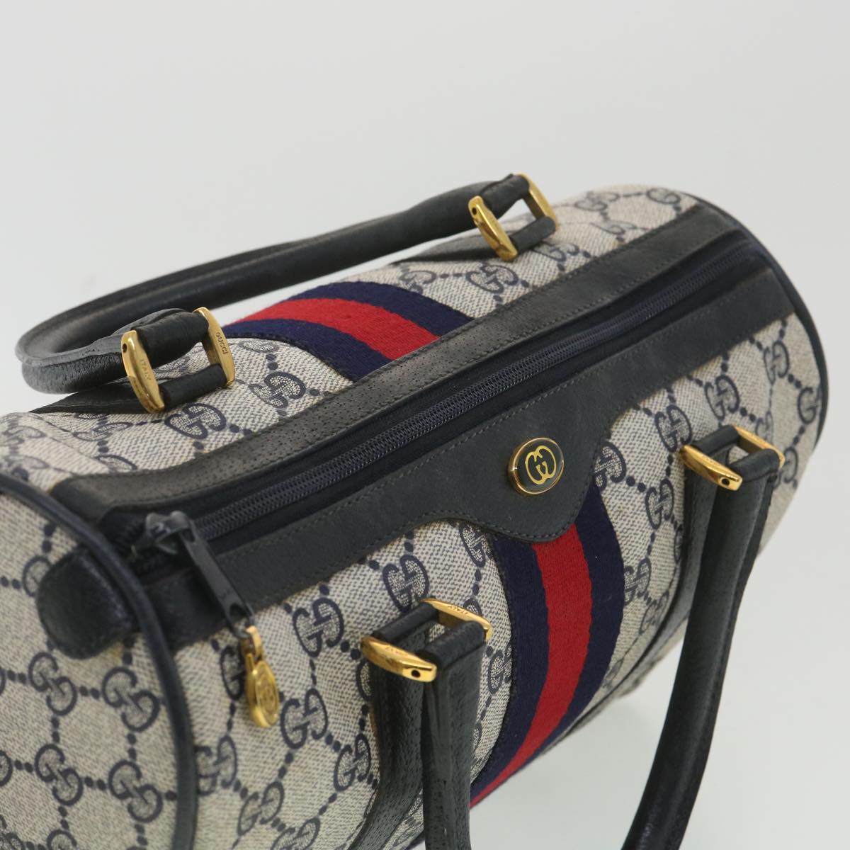 GUCCI Sherry Line GG Canvas Boston Bag PVC Leather Navy Red yk5679B