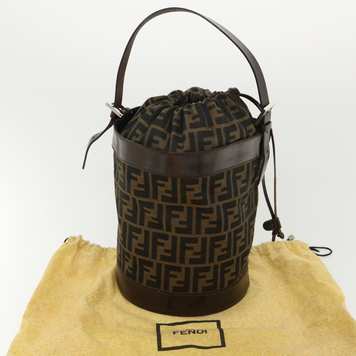 FENDI Zucca Canvas Shoulder Bag Cylindrical Brown Black yk5779