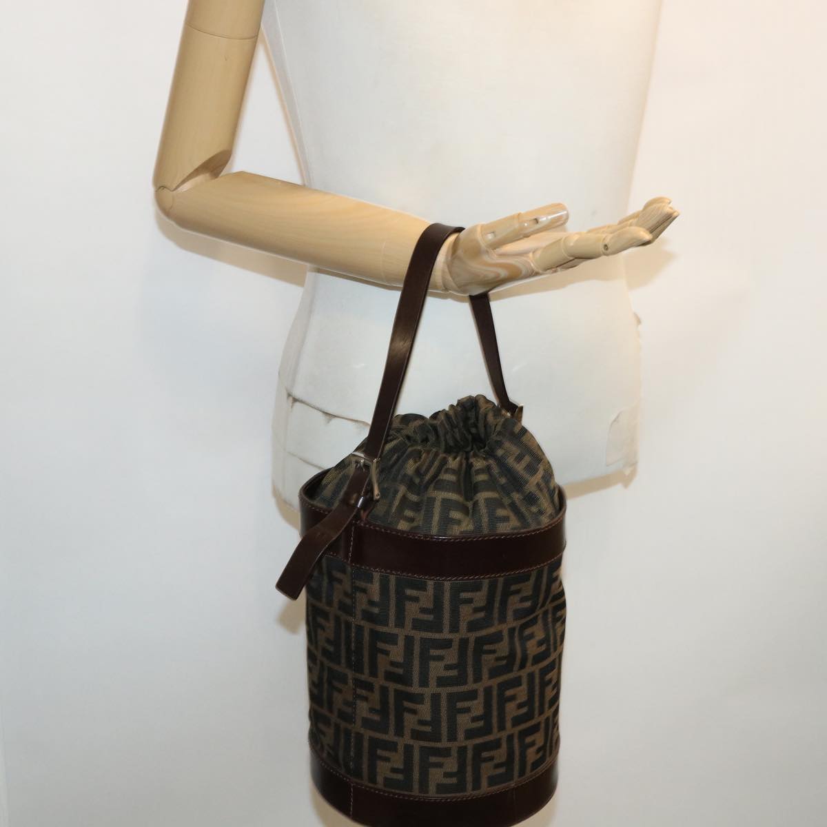 FENDI Zucca Canvas Shoulder Bag Cylindrical Brown Black yk5779