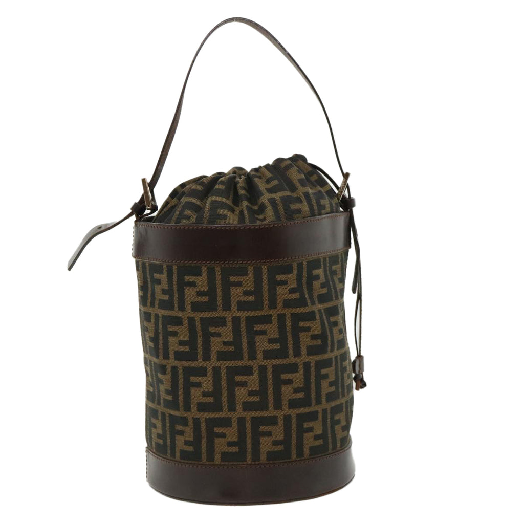 FENDI Zucca Canvas Shoulder Bag Cylindrical Brown Black yk5779