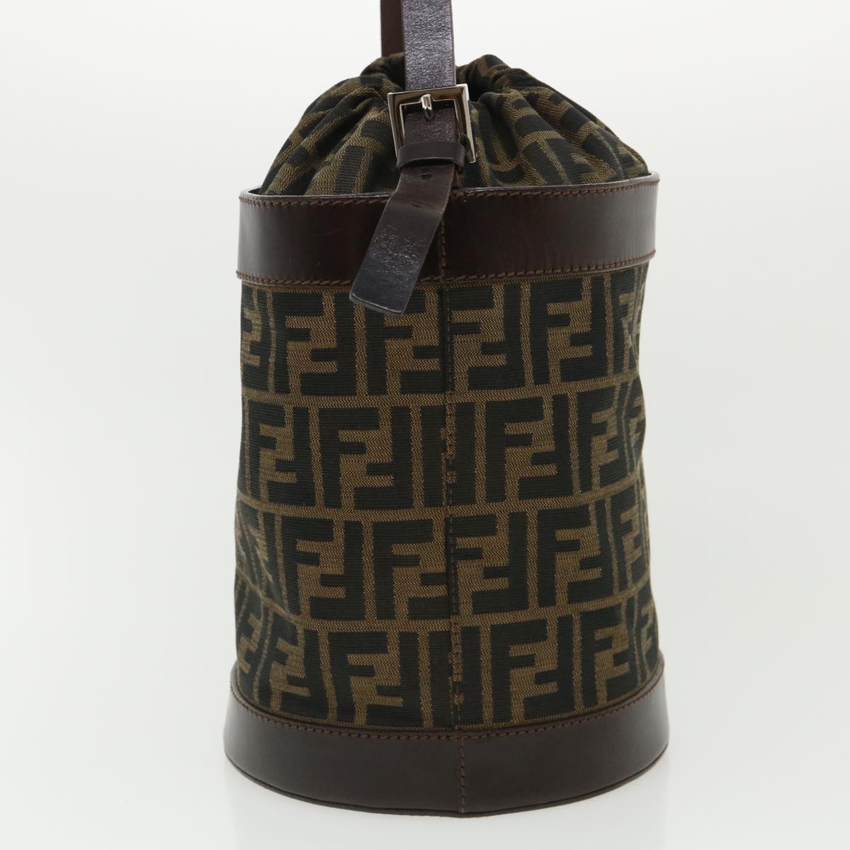 FENDI Zucca Canvas Shoulder Bag Cylindrical Brown Black yk5779