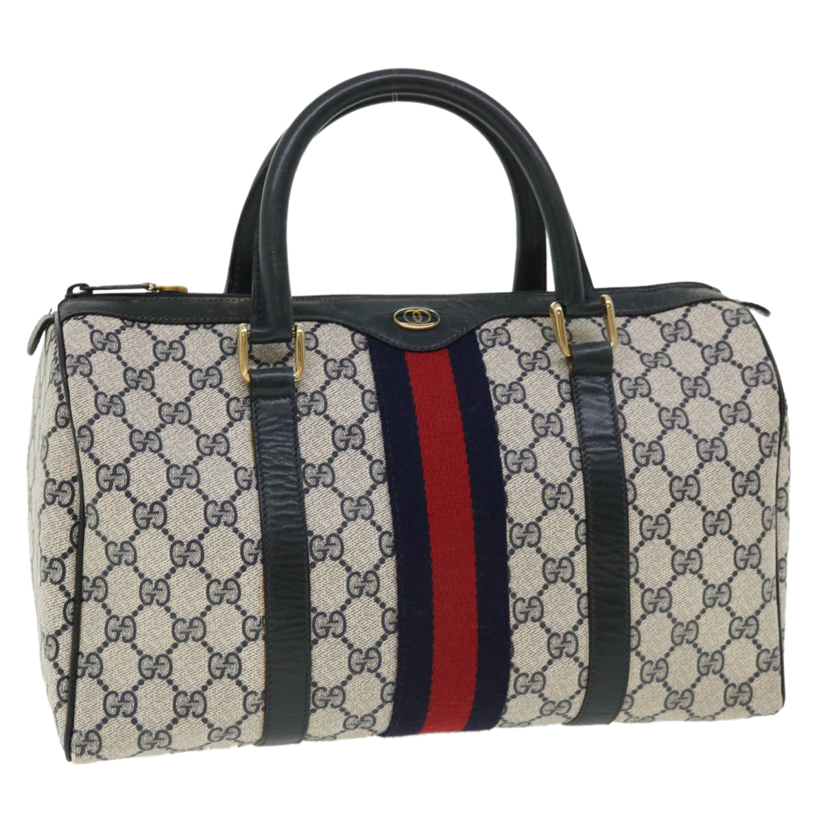 GUCCI GG Canvas Sherry Line Boston Bag Gray Red Navy 010.378... yk5821B