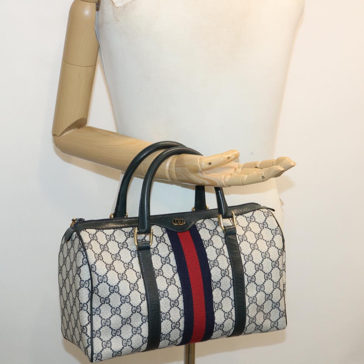 GUCCI GG Canvas Sherry Line Boston Bag Gray Red Navy 010.378... yk5821B