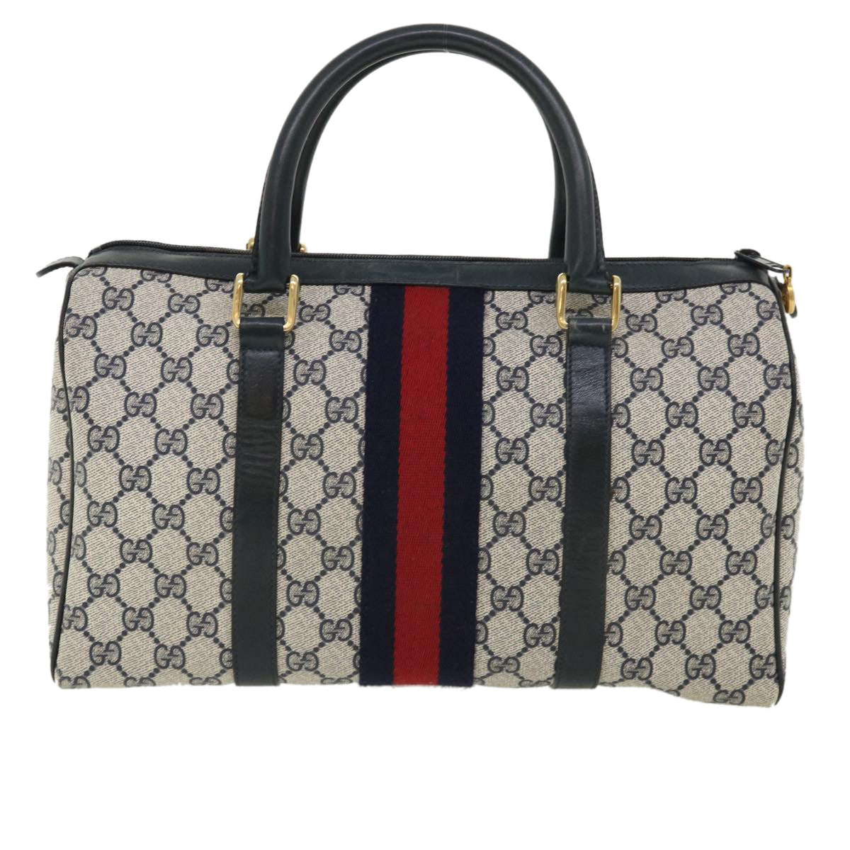 GUCCI GG Canvas Sherry Line Boston Bag Gray Red Navy 010.378... yk5821B