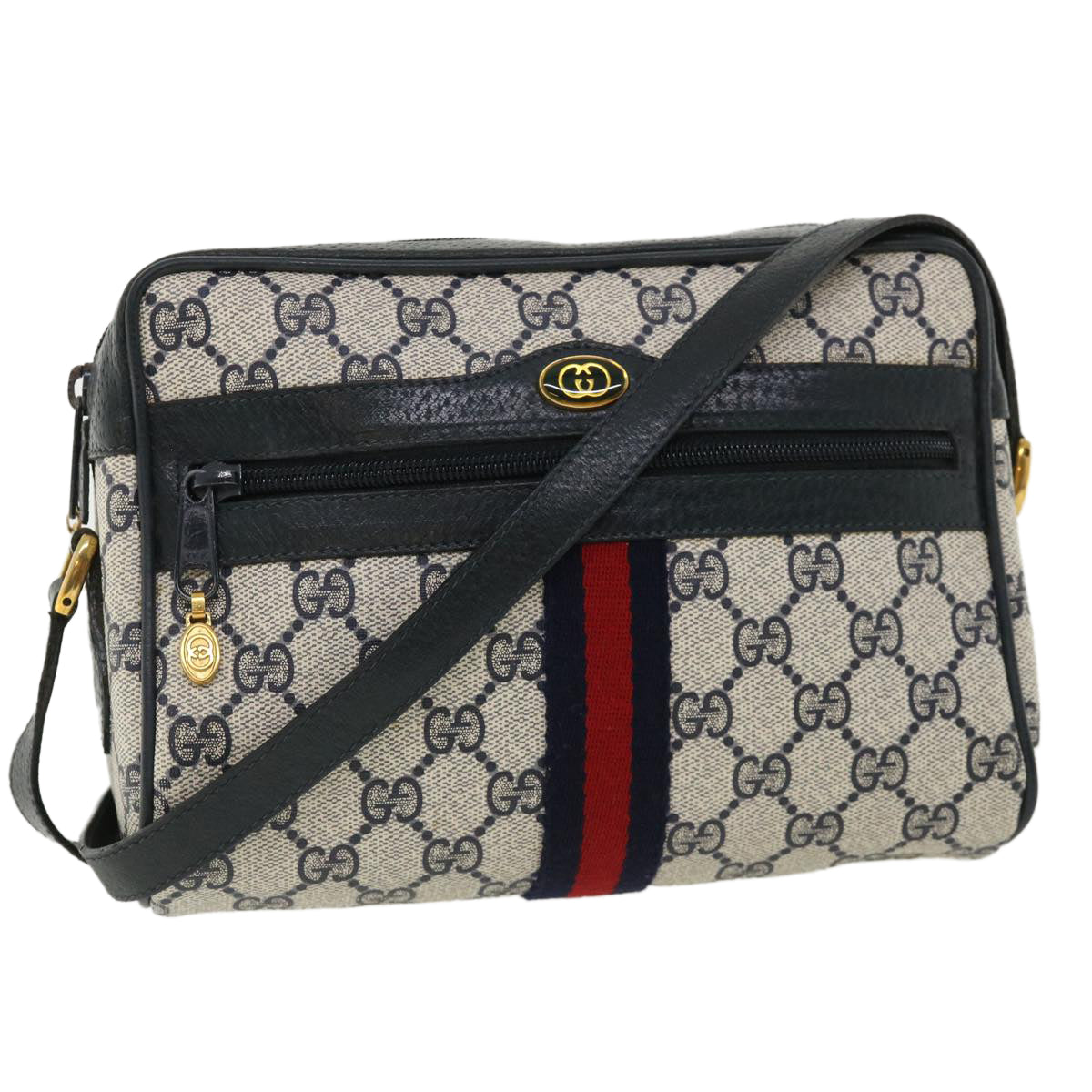 GUCCI GG Canvas Sherry Line Shoulder Bag Gray Red Navy 75.02.004 yk5823B