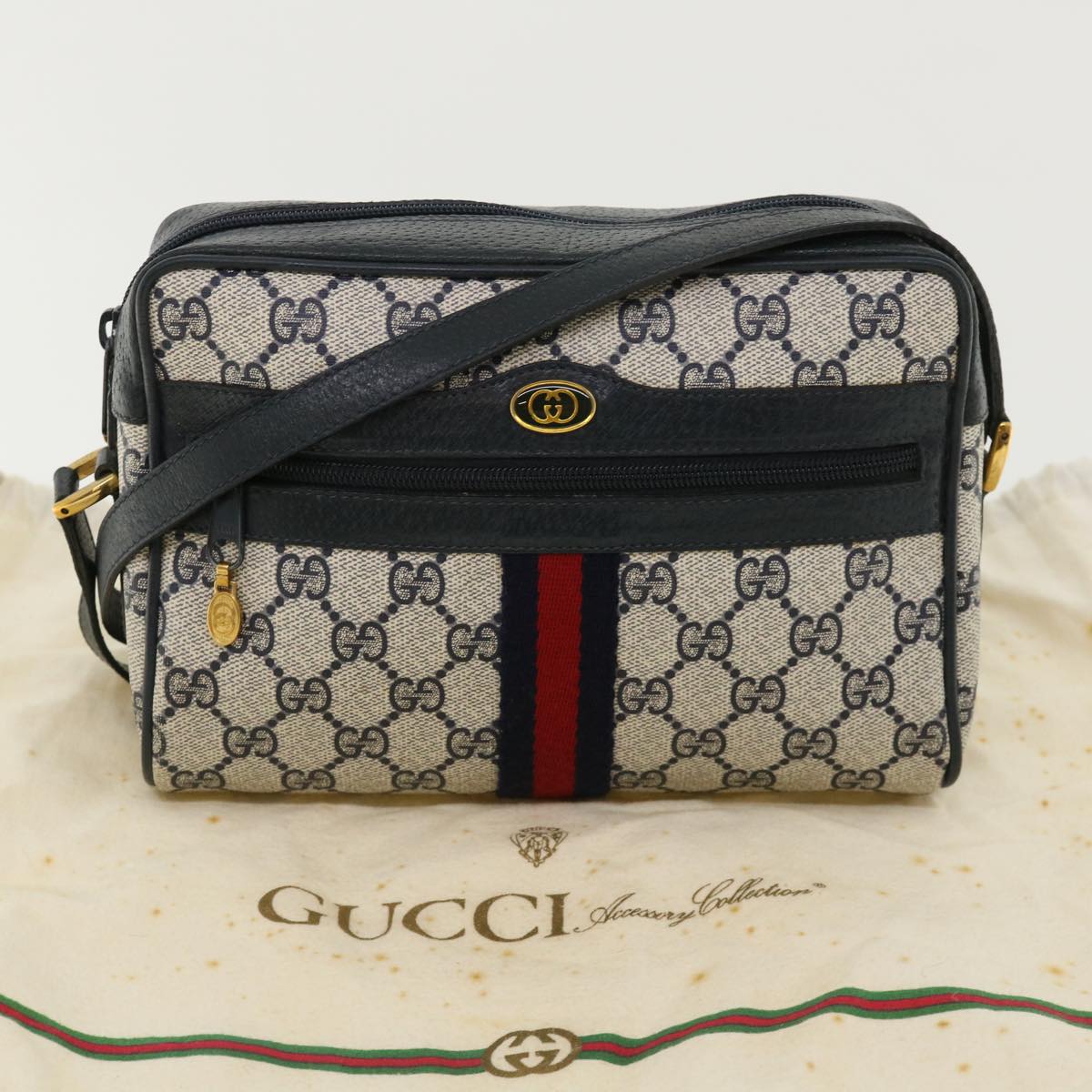 GUCCI GG Canvas Sherry Line Shoulder Bag Gray Red Navy 75.02.004 yk5823B