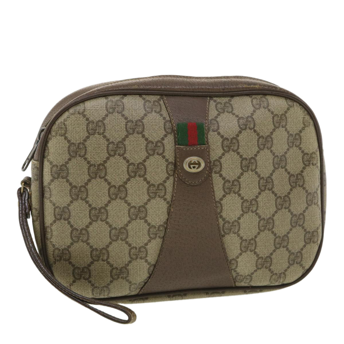 GUCCI GG Canvas Web Sherry Line Clutch Bag PVC Leather Beige Red yk5995