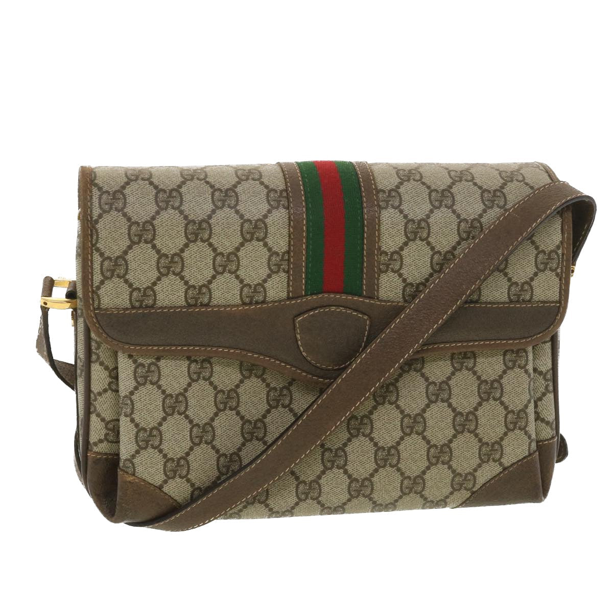 GUCCI Web Sherry Line GG Canvas Shoulder Bag PVC Leather Beige Green yk6091