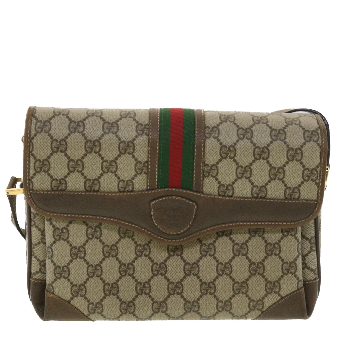 GUCCI Web Sherry Line GG Canvas Shoulder Bag PVC Leather Beige Green yk6091