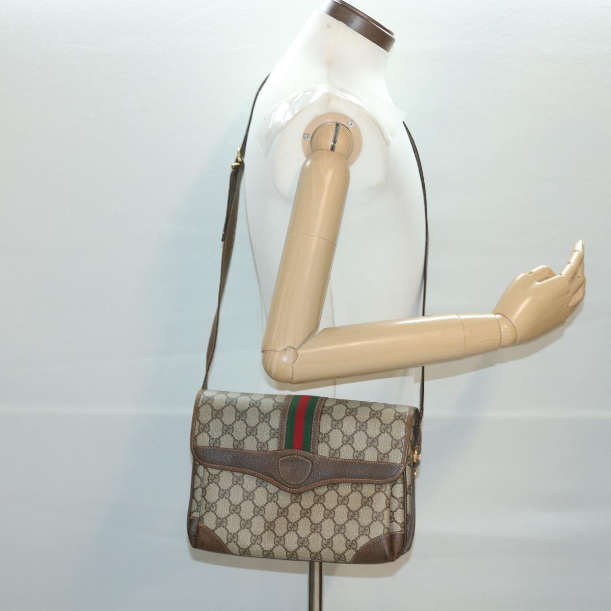 GUCCI Web Sherry Line GG Canvas Shoulder Bag PVC Leather Beige Green yk6091