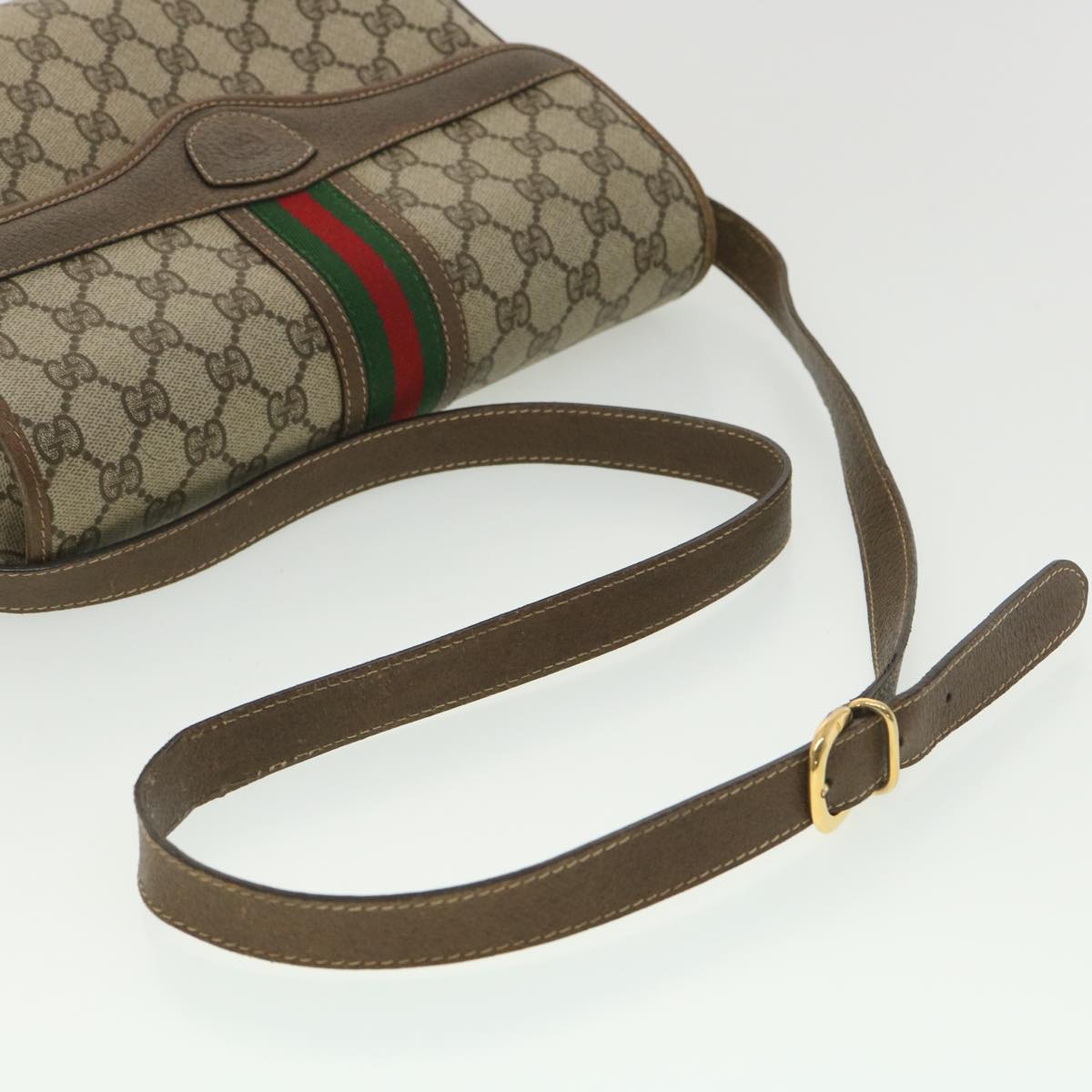 GUCCI Web Sherry Line GG Canvas Shoulder Bag PVC Leather Beige Green yk6091