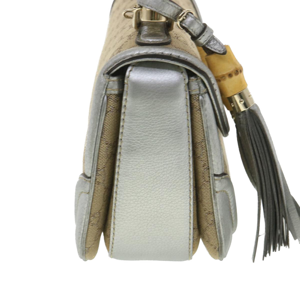 GUCCI GG Canvas Bamboo Hand Bag Beige Silver 254884 yk6106