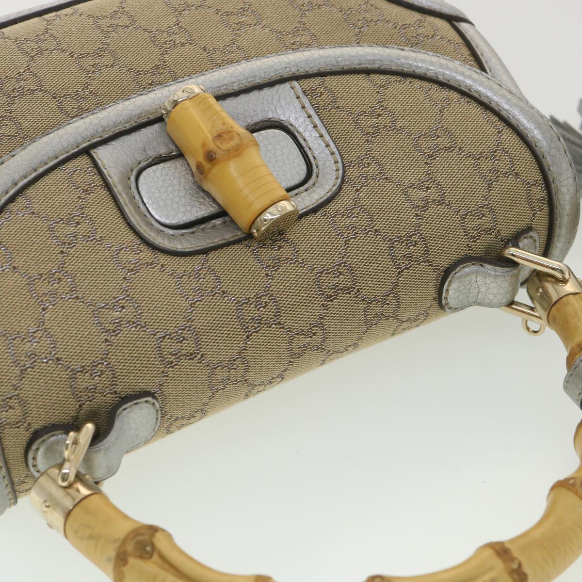 GUCCI GG Canvas Bamboo Hand Bag Beige Silver 254884 yk6106