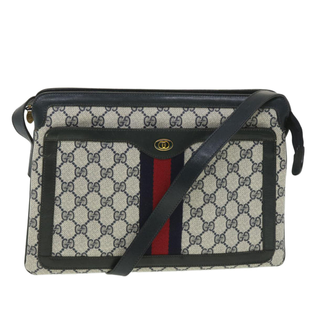 GUCCI GG Canvas Sherry Line Shoulder Bag PVC Leather Gray Red Navy