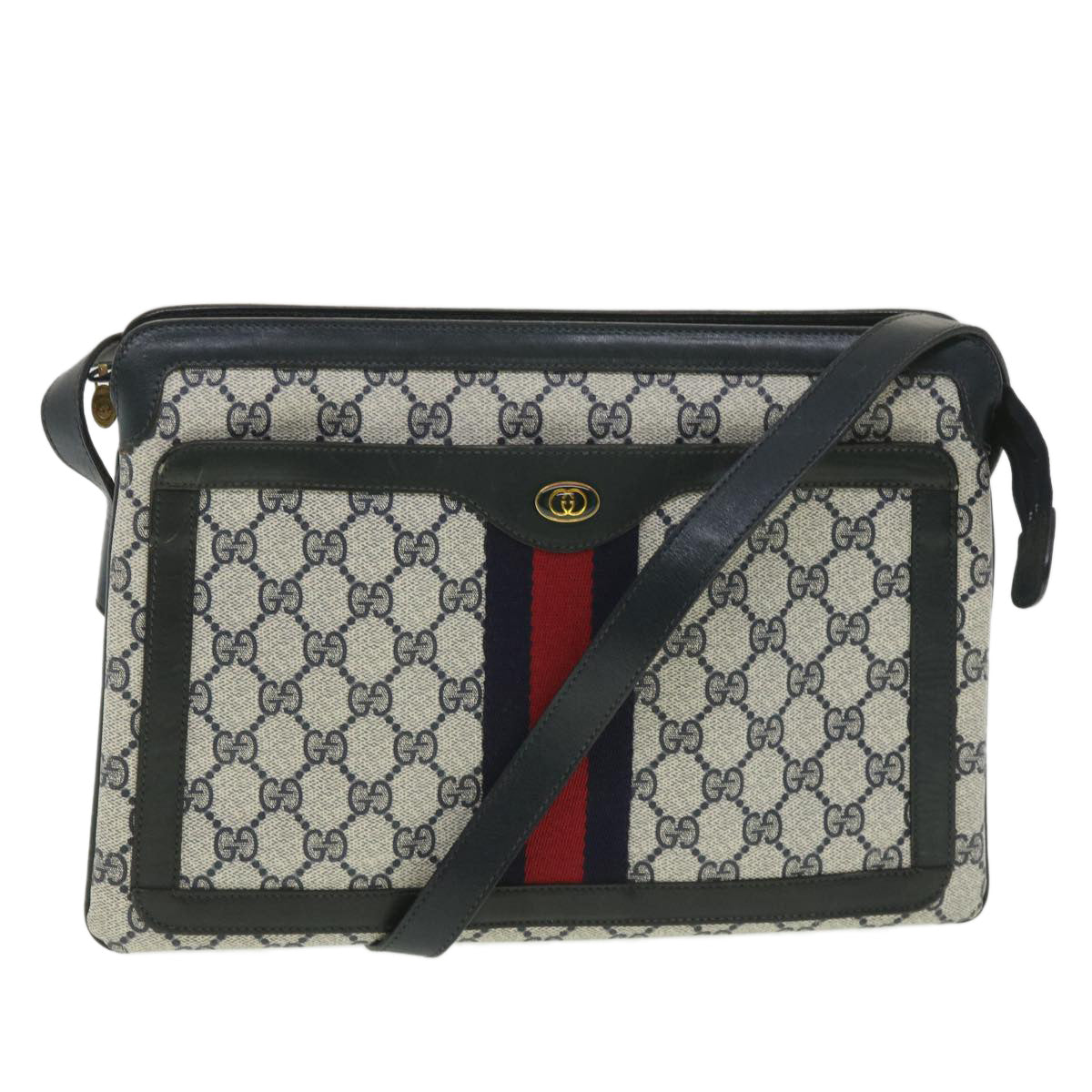 GUCCI GG Canvas Sherry Line Shoulder Bag PVC Leather Gray Red Navy