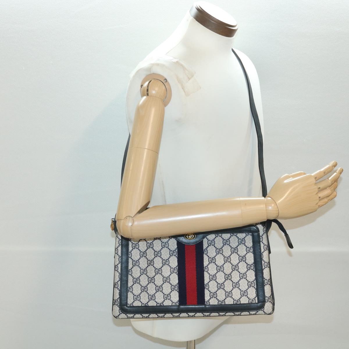 GUCCI GG Canvas Sherry Line Shoulder Bag PVC Leather Gray Red Navy yk6173B