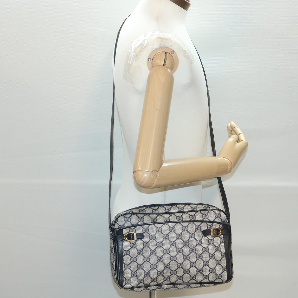 GUCCI GG Canvas Shoulder Bag PVC Leather Gray Navy 001.29.0117 yk6180