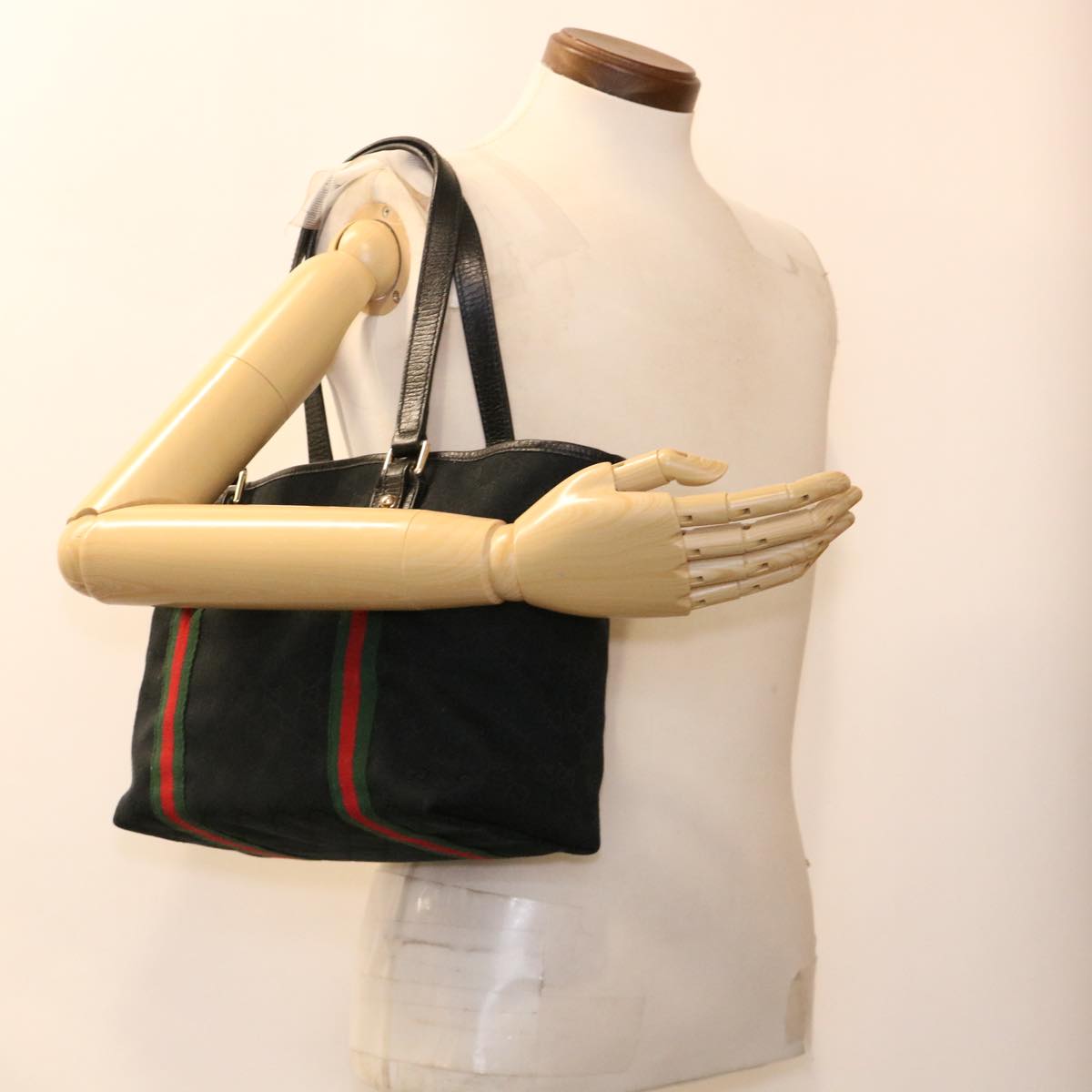 GUCCI GG Canvas Web Sherry Line Tote Bag Black Red Green 137396 yk6284