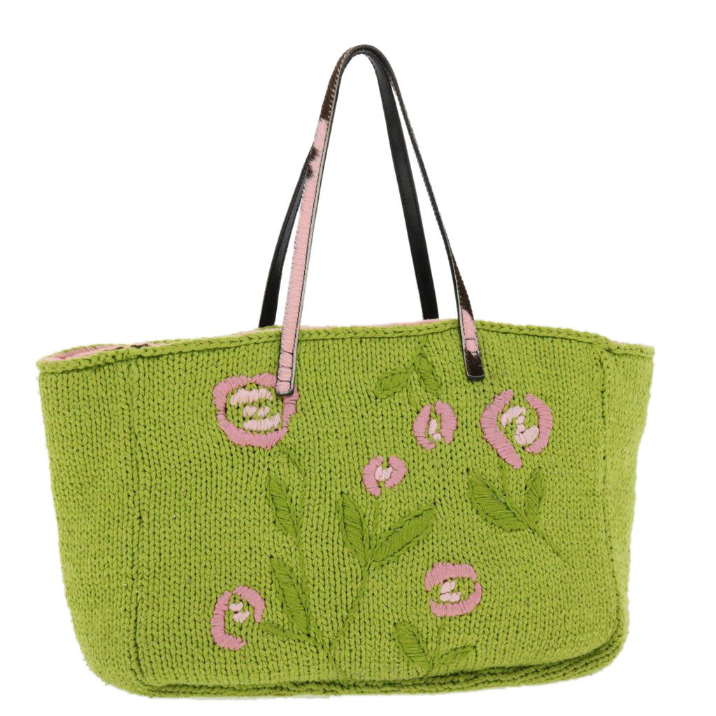 FENDI Floral Tote Bag Wool Harako Leather Green Pink yk6518