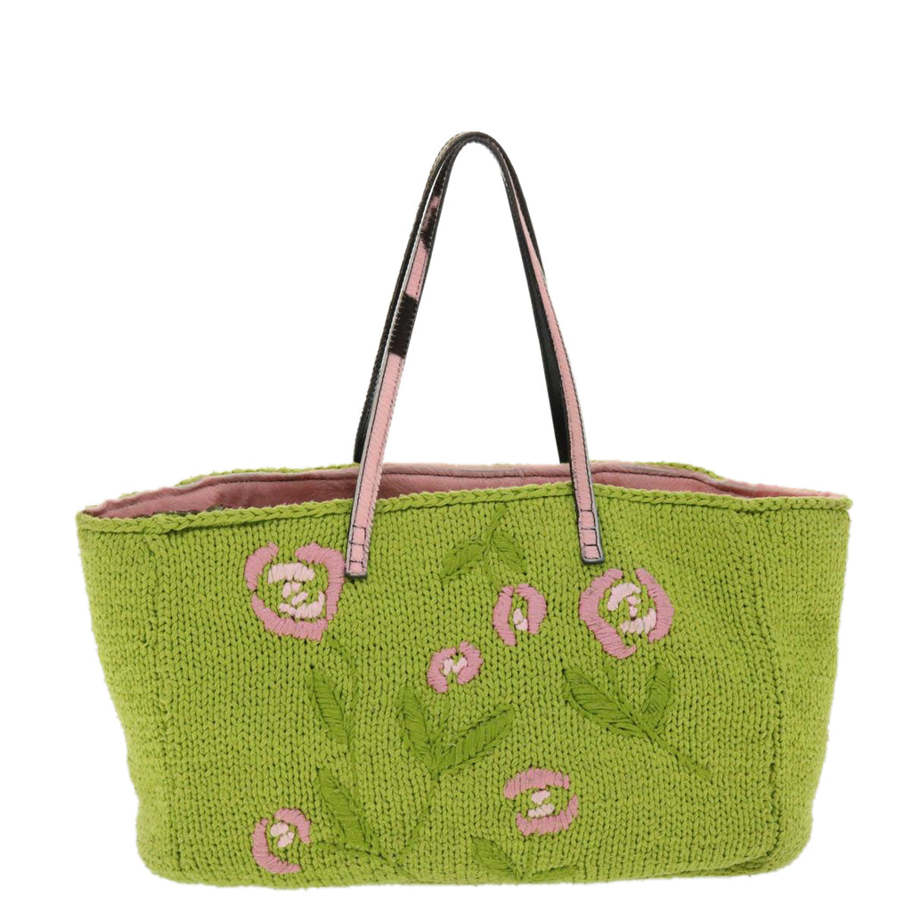 FENDI Floral Tote Bag Wool Harako Leather Green Pink yk6518