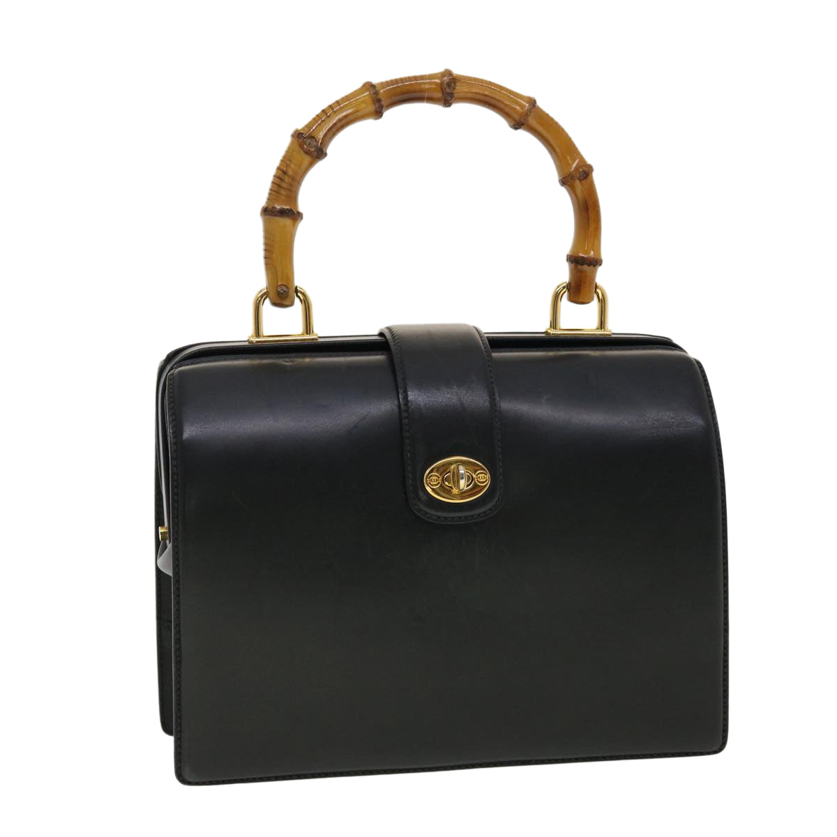 GUCCI Bamboo Turn Lock Clasp Hand Bag Leather Black yk6576
