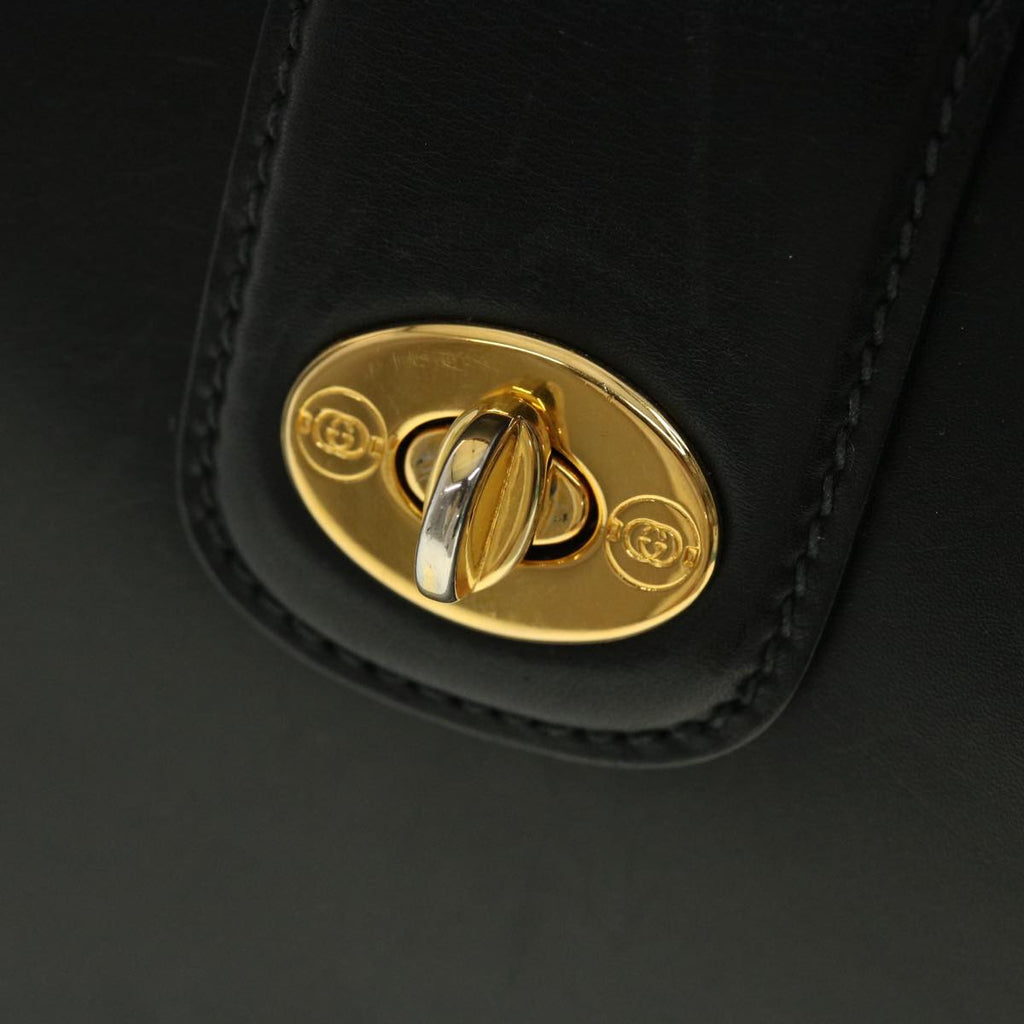 GUCCI Bamboo Turn Lock Clasp Hand Bag Leather Black yk6576