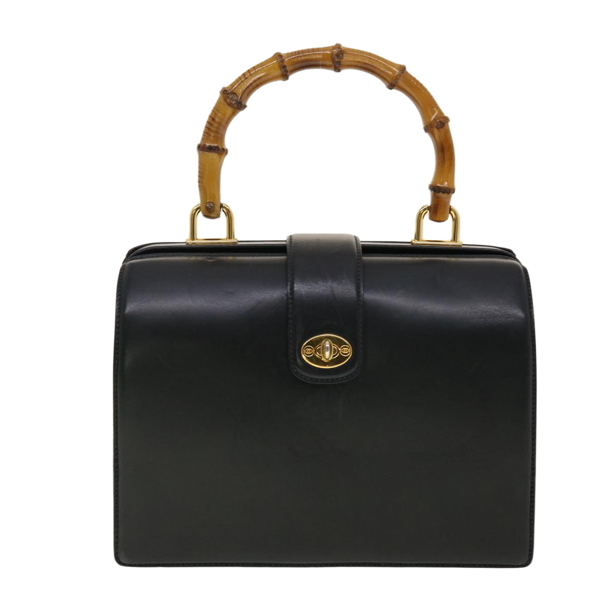 GUCCI Bamboo Turn Lock Clasp Hand Bag Leather Black yk6576