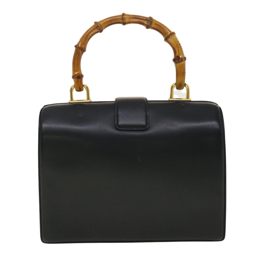 GUCCI Bamboo Turn Lock Clasp Hand Bag Leather Black yk6576